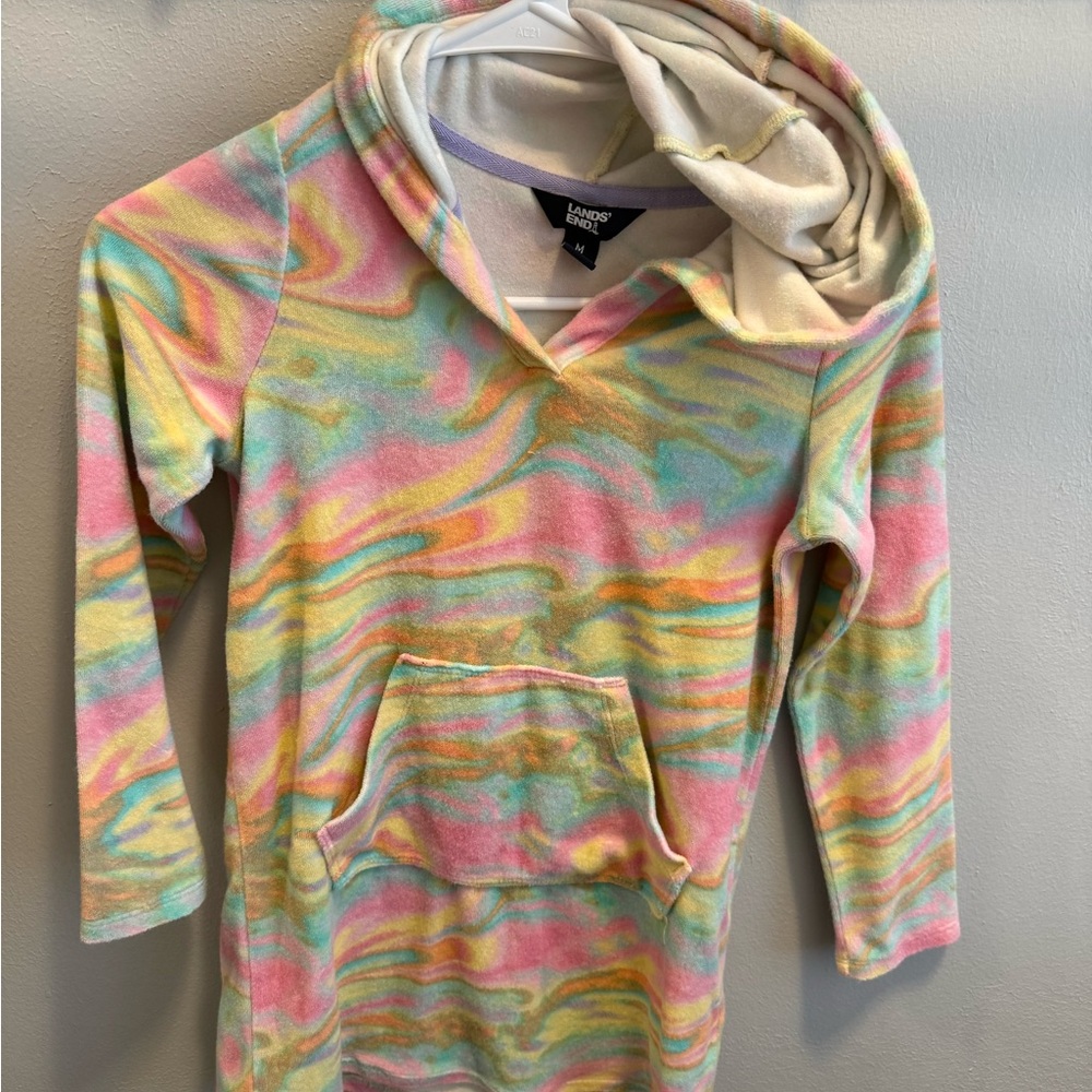 Lands' End Girls' Pastel Swirl Hooded Fleece Coverup — Pink, Yellow, Green, Blue